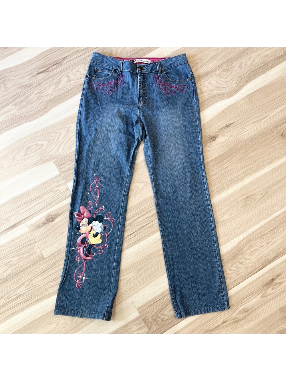 Vintage Disney Store Minnie Mouse Jeans Sz 10 Pink Embroidered Glitter Y2K